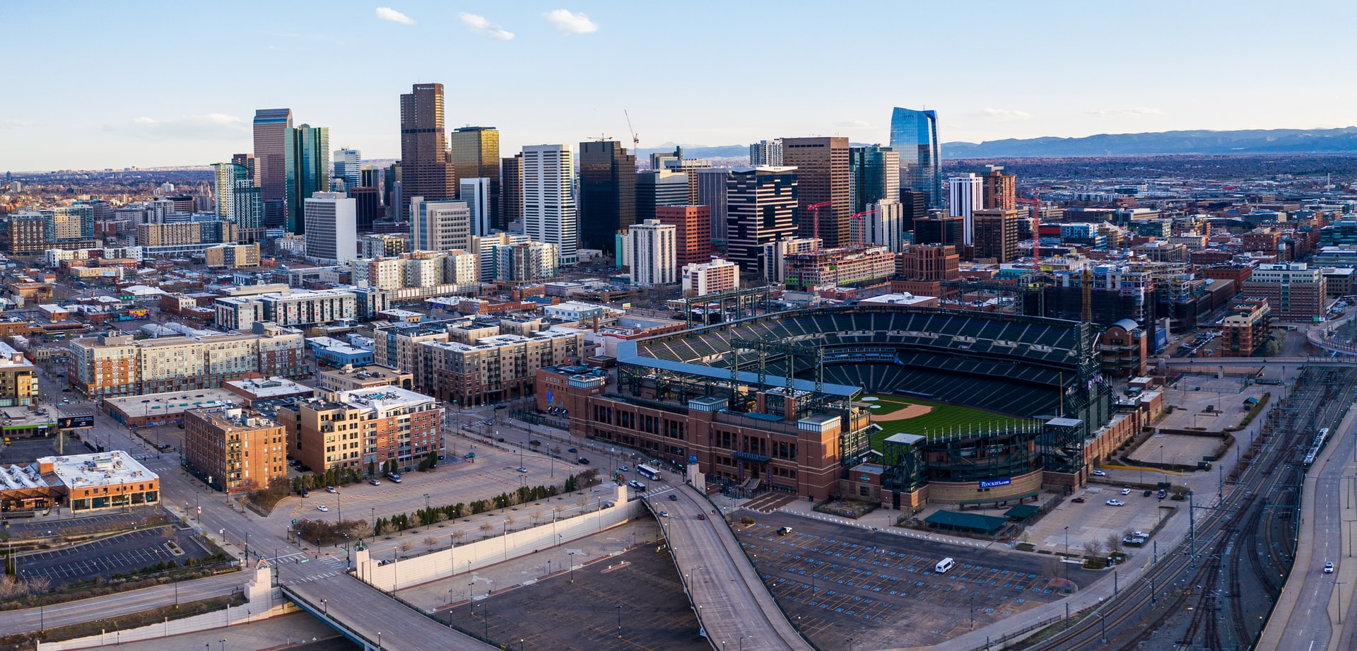 Denver Colorado skyline and ballpark.