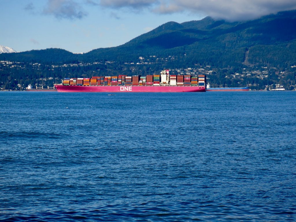 Container ship on water in Vancouver.